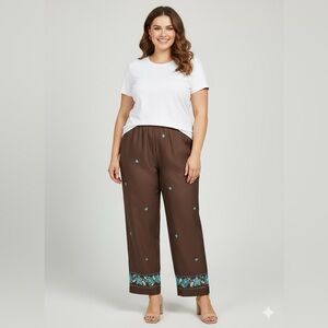 Size 14 Vintage Women's Brown Slacks with Blue Floral Embroidery Stretchy